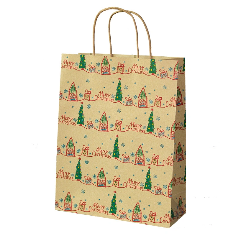 Custom Printed Christmas Style Brown Kraft Paper Bag Grocery Store Promotional Shopping Packaging Bag