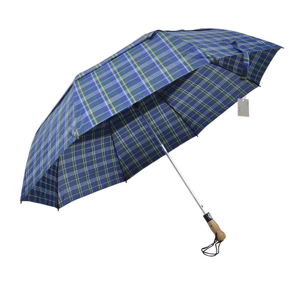 Classic Plaid Fabric Rain Umbrella Wooden Handle Folding Umbrella for Men and Women