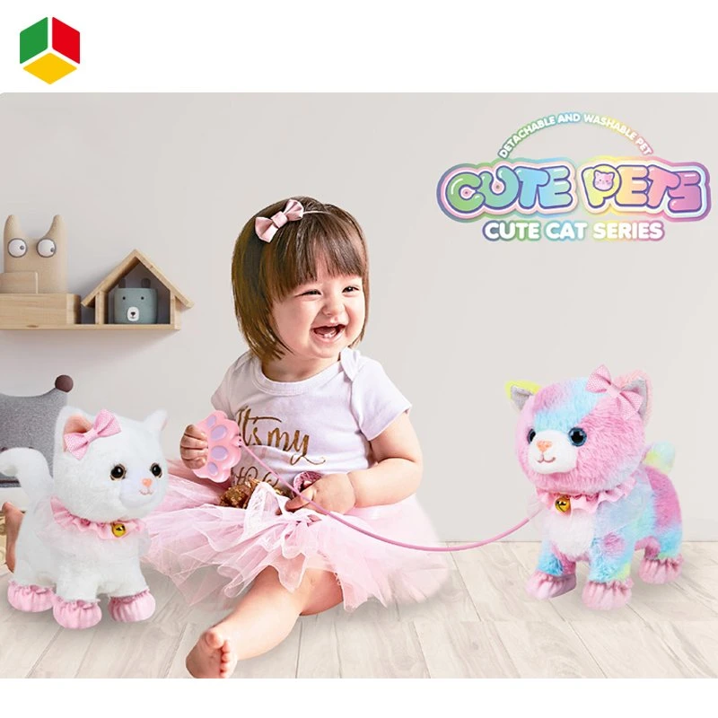 Qstoys Cute Educational Kids Baby Toy Cartoon Stuffed Animal Cat Pretend Play Soft Colorful Plush Cat Toys with Plastic Play Accessories