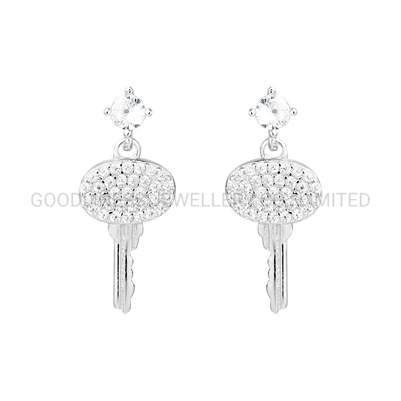 New S925 Sterling Silver Key Full Diamond Earrings