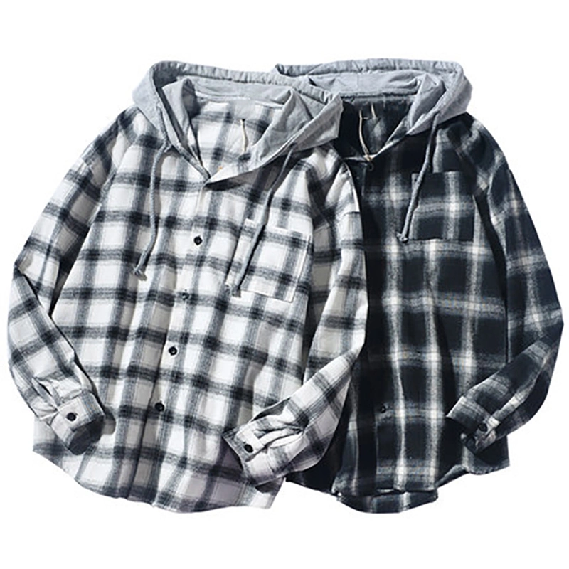 Winter Plaid Vintage Long Sleeve Casual Streetwear Button Dress Flannel Shirts Men with Hood