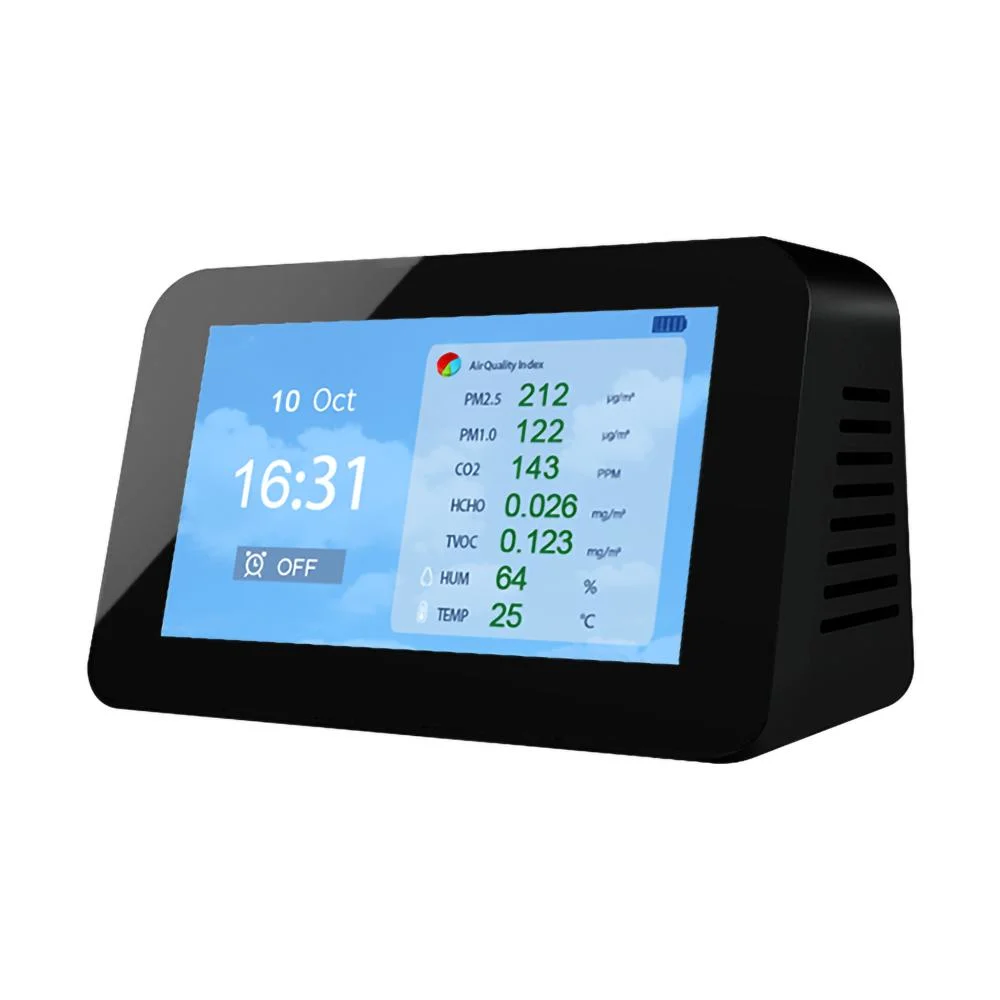 10 in 1 Air Quality Monitor Hcho CO2 Tvoc Pm2.5 Pm1.0 Pm10 Aqi Temp & Humi Detector with Alarm and Rechargeable 3000mAh Battery