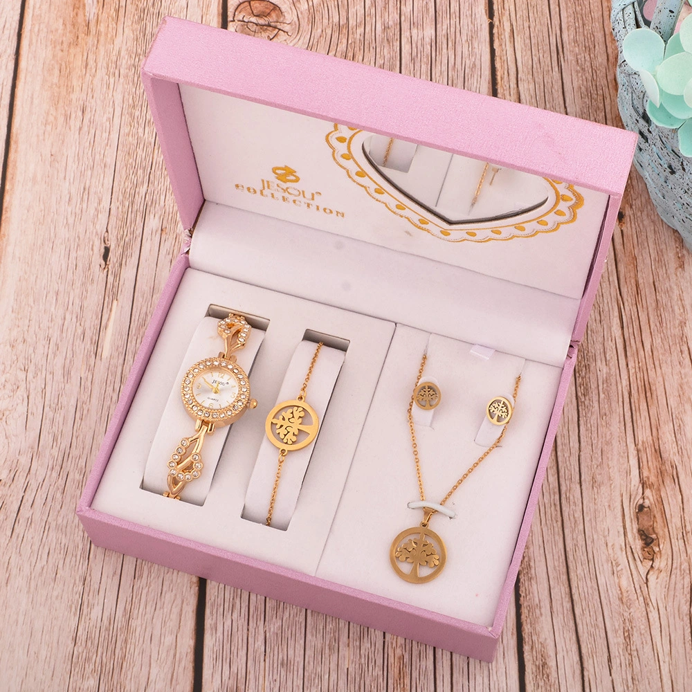 Gold Finished Mother's Day Gift Set with Peace Tree Metal Jewelry Set and Watch