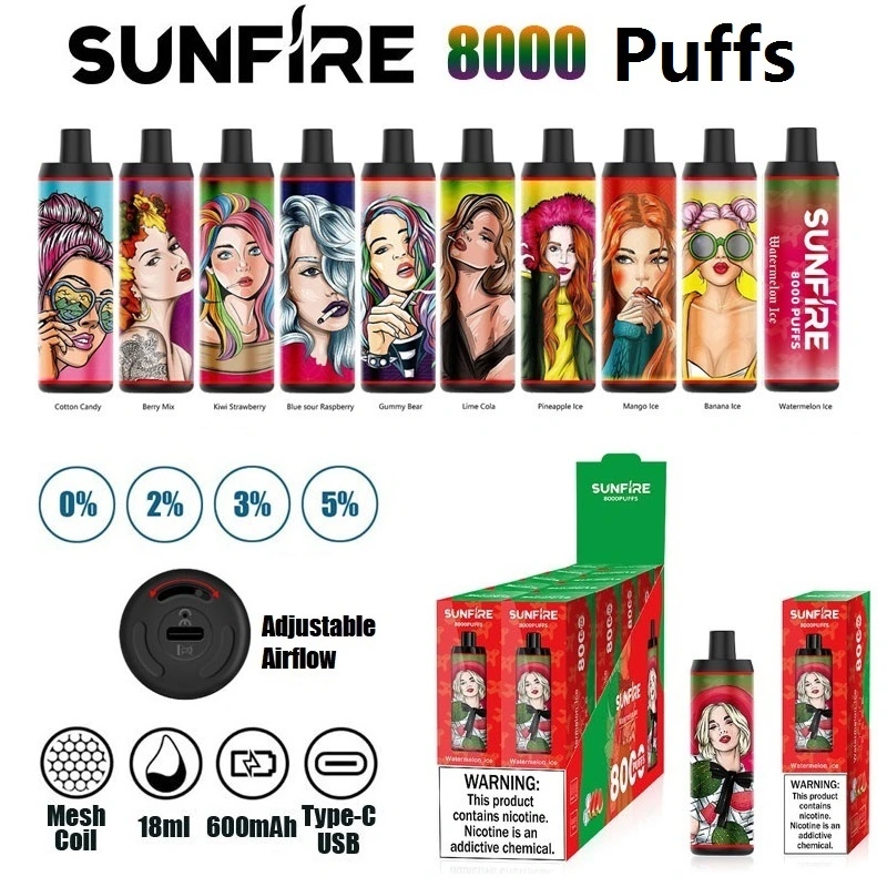 Original Sunfire 8000 Puffs Dtl Disposable Vape 18ml Prefilled 600mAh USB Recharge Adjustable