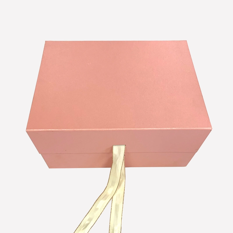 Custom Printing Cardboard Carton Packaging Magnetic Pink Folding Box with Ribbon Gift Jewelry