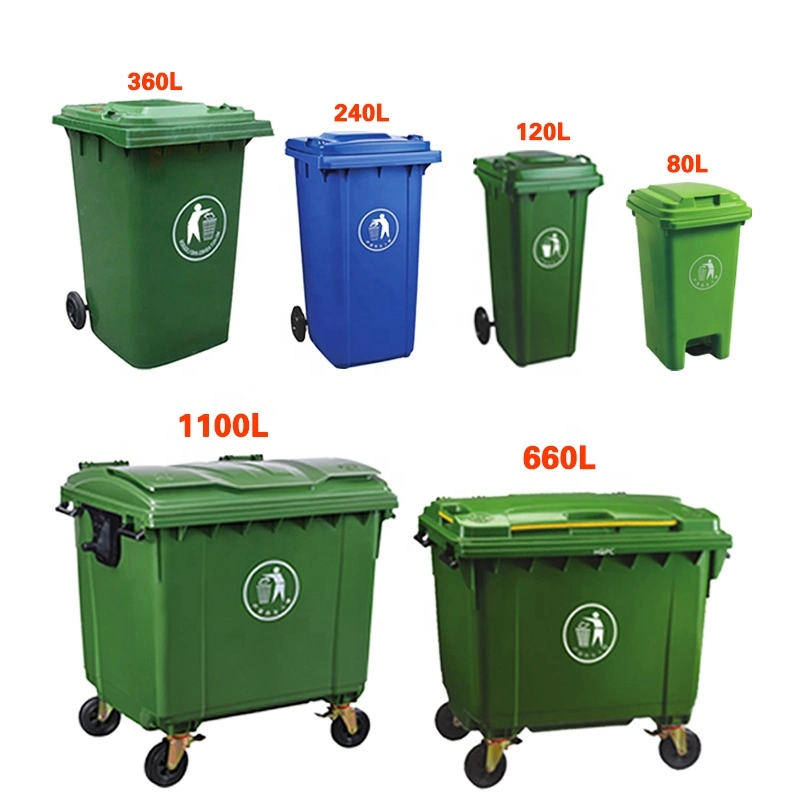 50L 100/120/240/360/660/1100 Litros HDPE Contenedor de basura al aire libre Cubo de basura de plástico para desechos para uso público