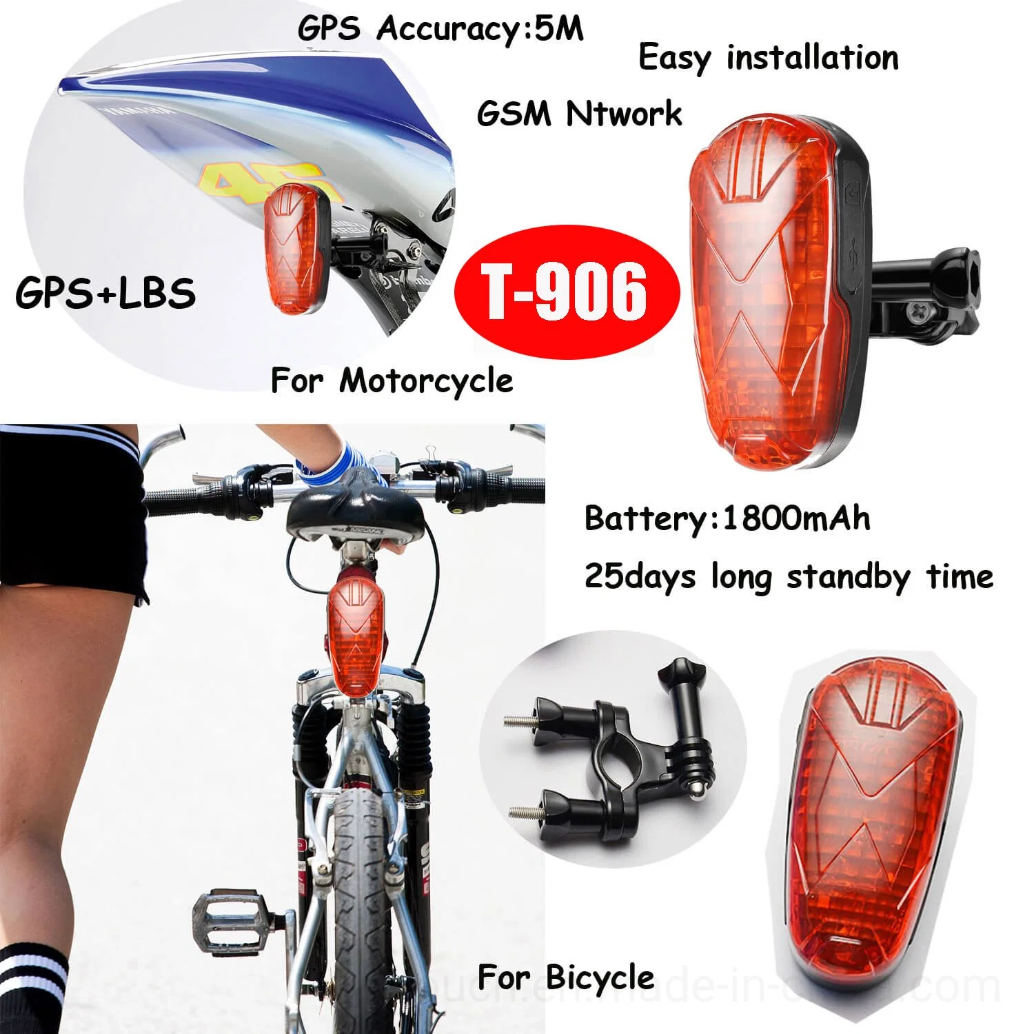 China Factory 2G Wasserdichte Motorrad Fahrrad GPS Tracker mit Geo-Zaun Erinnerung SOS-Alarm T906