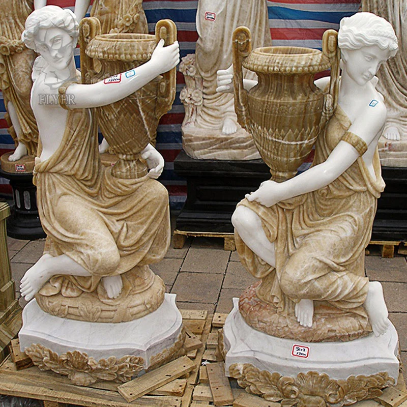 Garden Stone Furniture Hand Carving Natural Solid Marble Flowerpot with Lady Statues