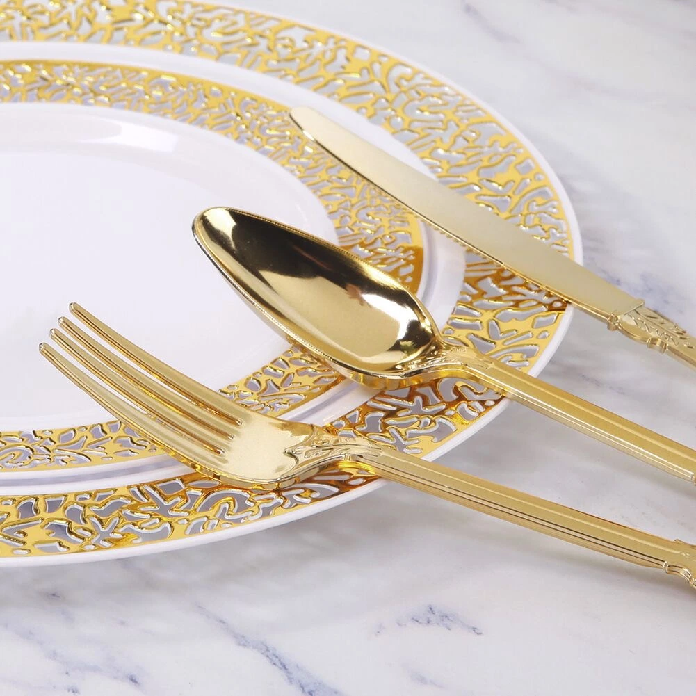 Gold Plastic Silverware Carved Cutlery Set Embossed Silver Vintage Design Disposable Rose Gold Elegant Cutlery