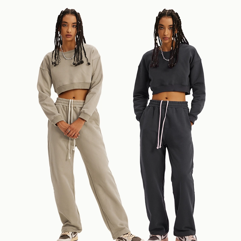 Custom American Street Old School Hot Girl Crop Tops Blank Soid Oversized Sweatshirt Women Joggers Cropped Sweatshirt Set