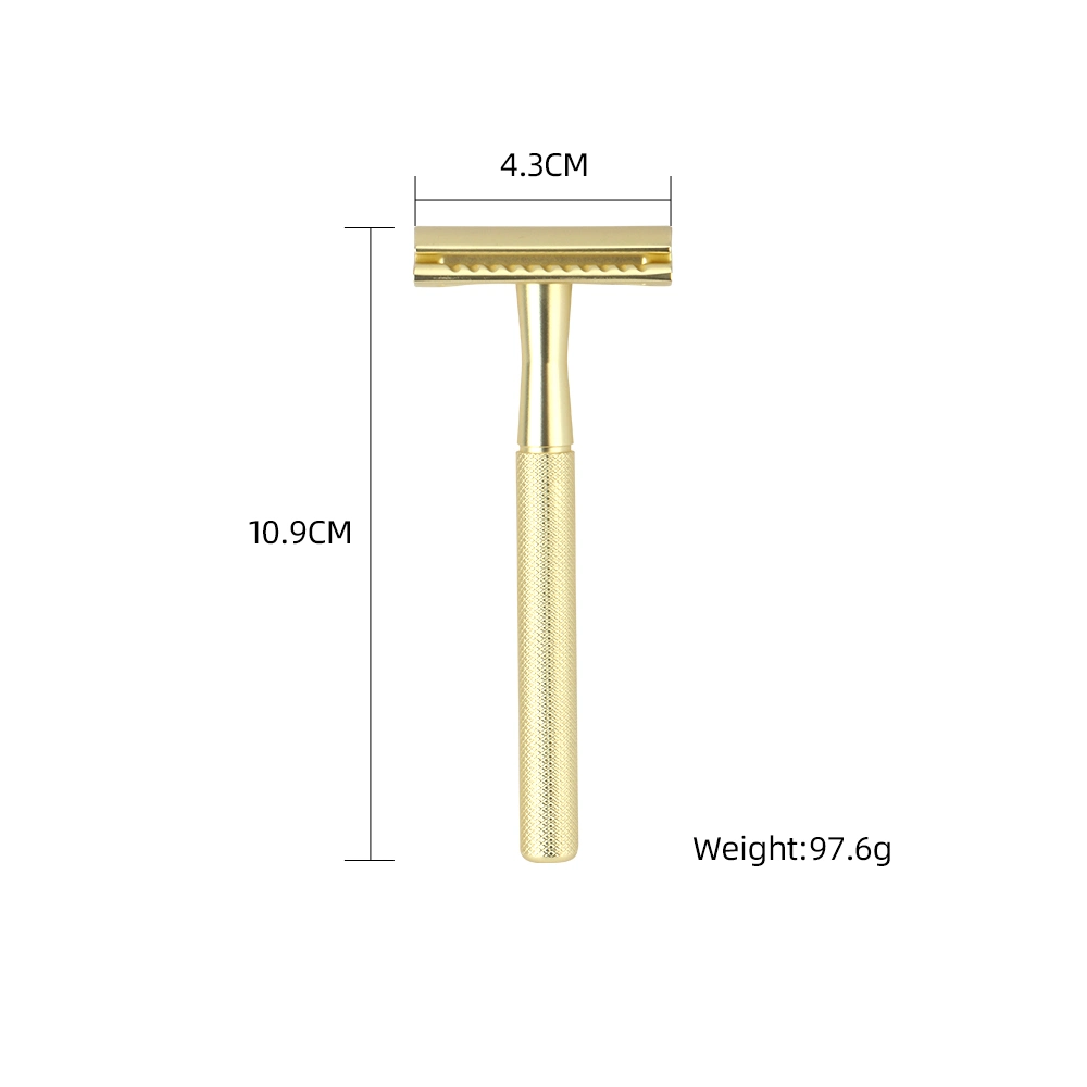 Pan de los hombres de seguridad de metal de color dorado peinado clásico de la navaja de afeitar de afeitar Las cuchillas de doble filo con empuñadura de latón