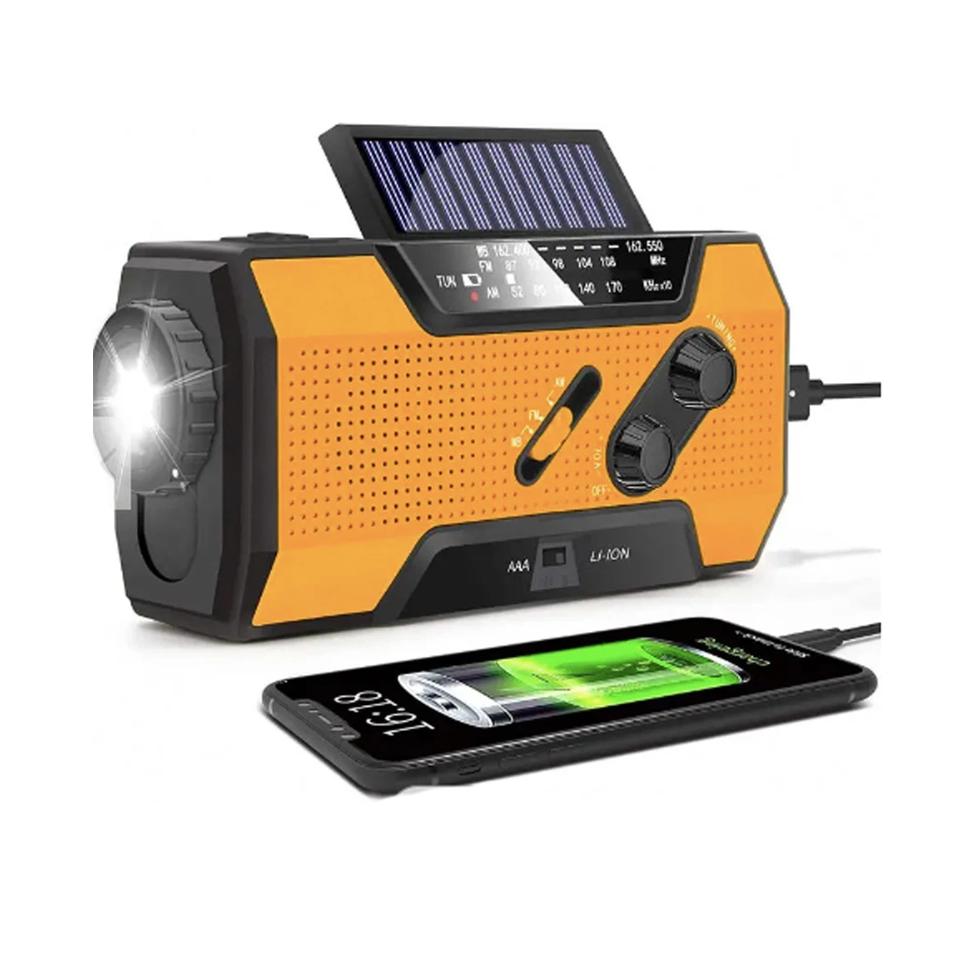 Lampe de poche multifonctionnelle à énergie solaire avec manivelle, bande FM et radio LED.
