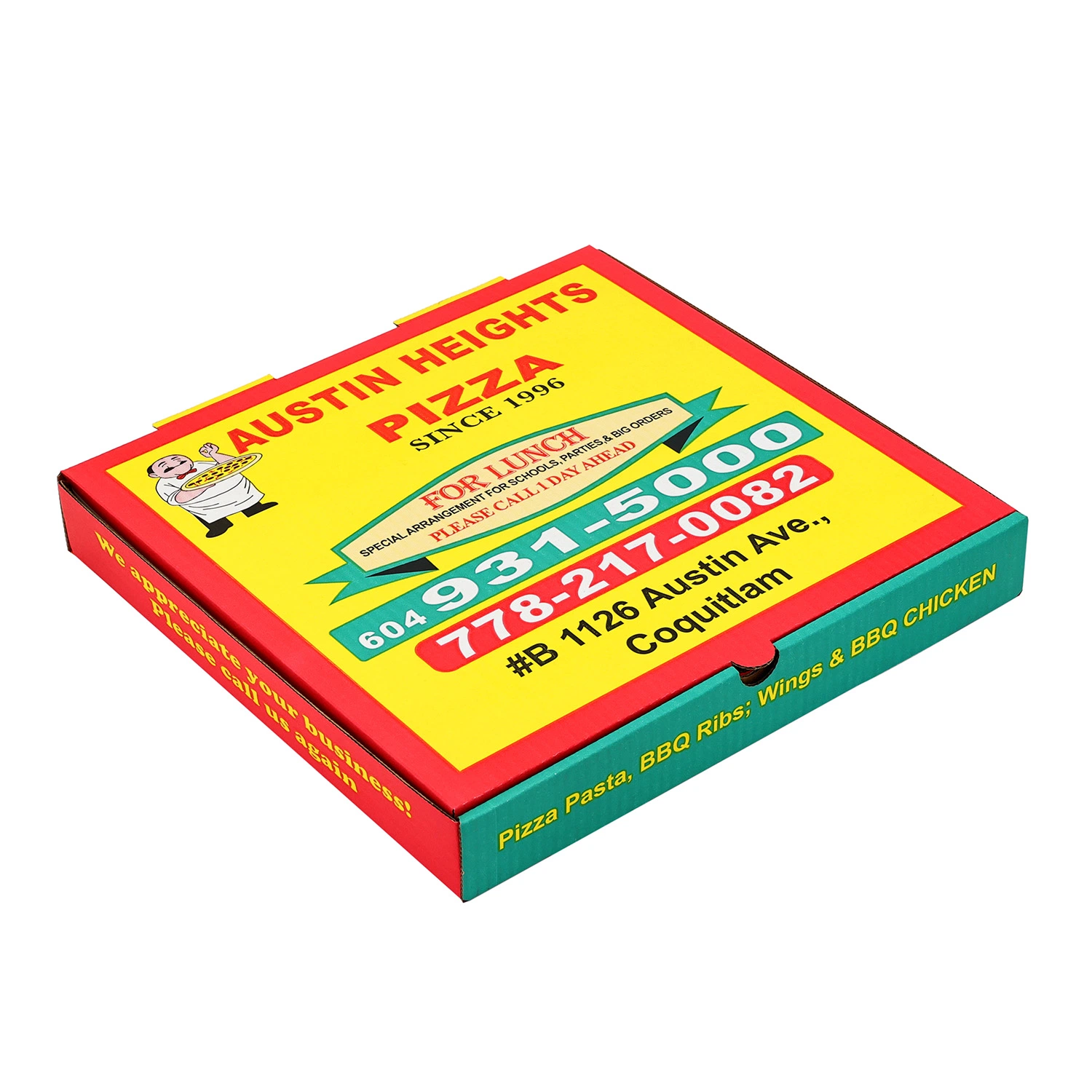 Recyclable Custom Printed Rectangular Corrugated Paper Pizza Box