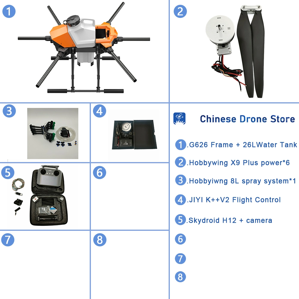 Eft G626 Six-Axis 26L 25kg Agricultural Spray Drone 5L 8L Pump Vd32 T12 H12 K++ K3a with Hobbywing X9 Power System Kit