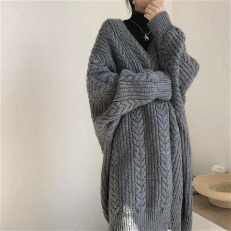 2023 Autumn New MID-Length Knitted Cardigan Cross-Border Long-Sleeved Lazy Twist Sweater Coat with Women's Clothing