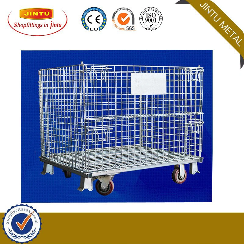 Collapsible 4 Sided Logistics Pallet Demountable Industrial Cage Wire Mesh Roll Trolley Container