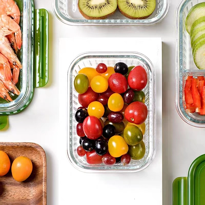 Glass Lunch Box with Embossed Stripe Pattern and Locking Lid