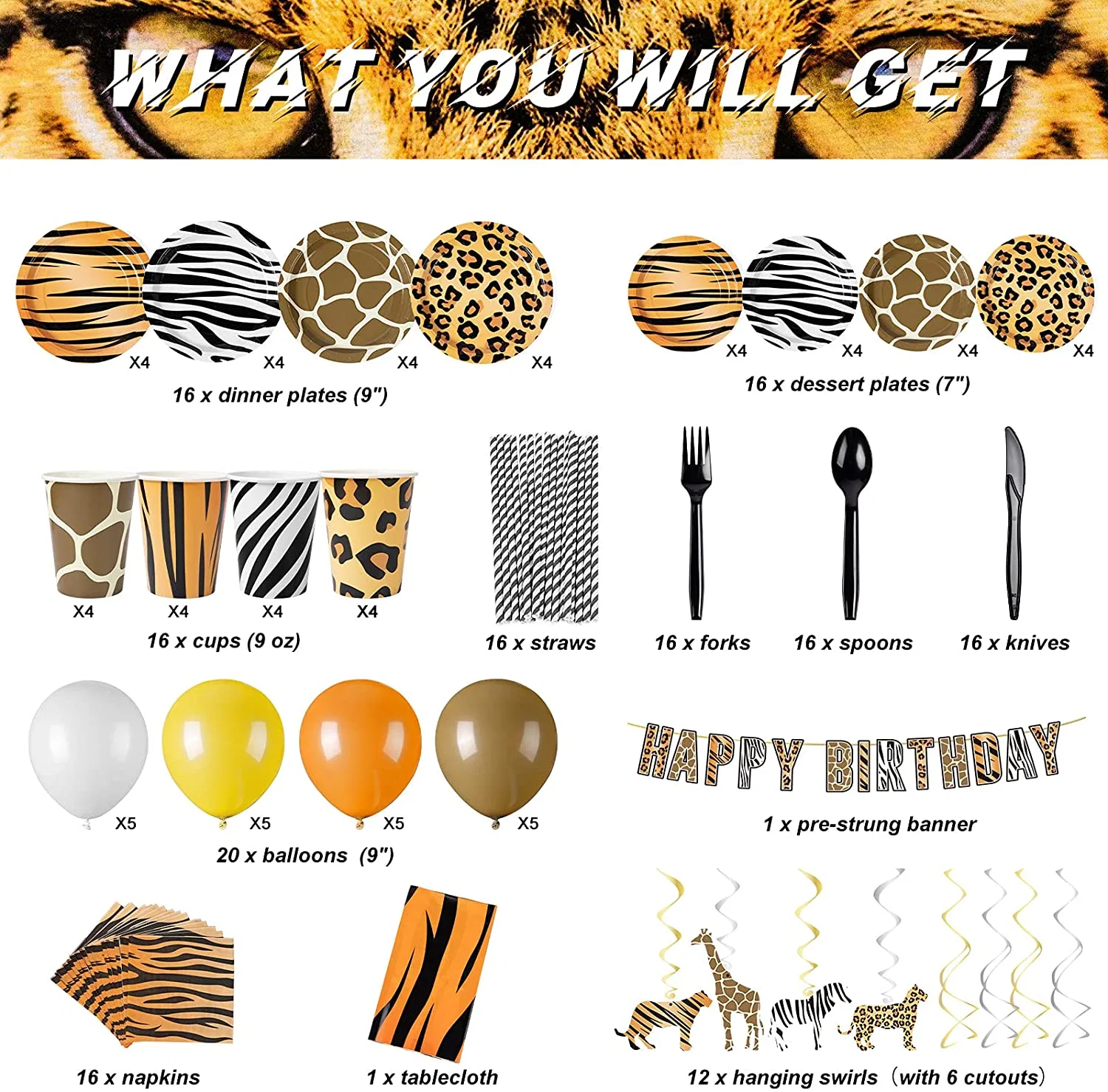 Decorlife Safari Birthday Party Supplies Serves 16, Jungle Party Decorations, Complete Pack Includes Animal Plates and Napkins Set, Table Cloth, Banner