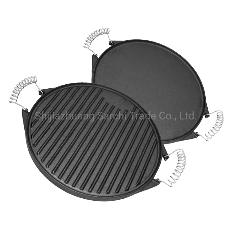 Factory Price BBQ Reversible Cast Iron Round Griddle with Removable Cool-Touch Handles