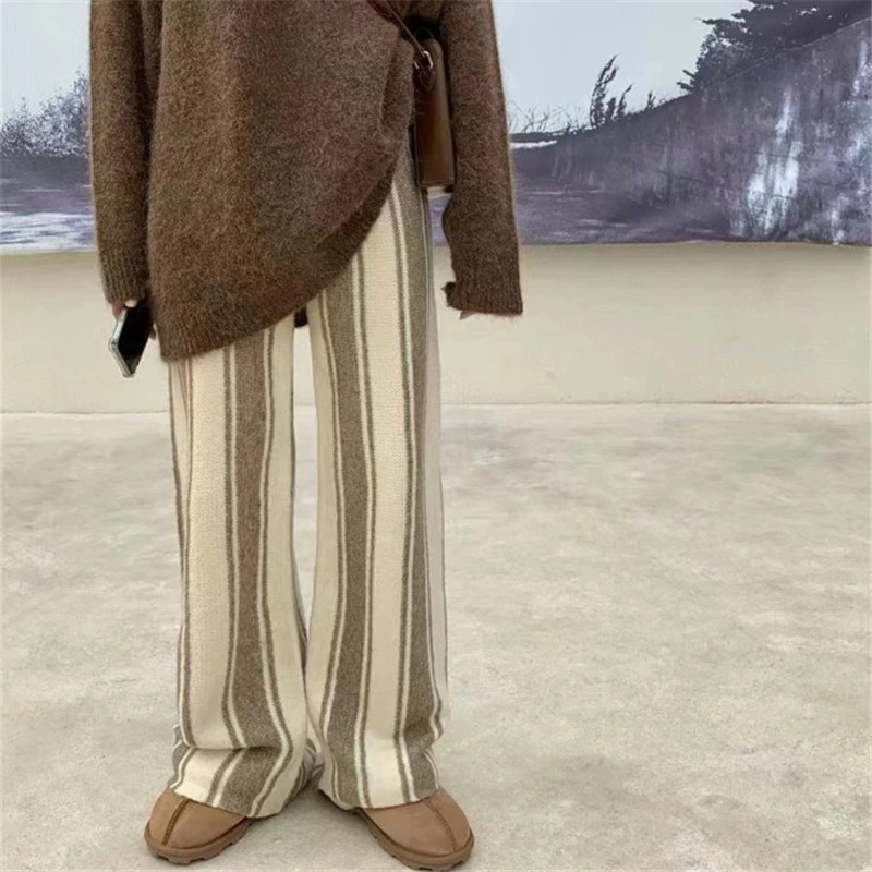 Cross-Border Wide Leg Pants 2023 Autumn and Winter New Loose Knitted Pants Casual Western Style Grandma Pants Fashion Striped Straight Leg Pants