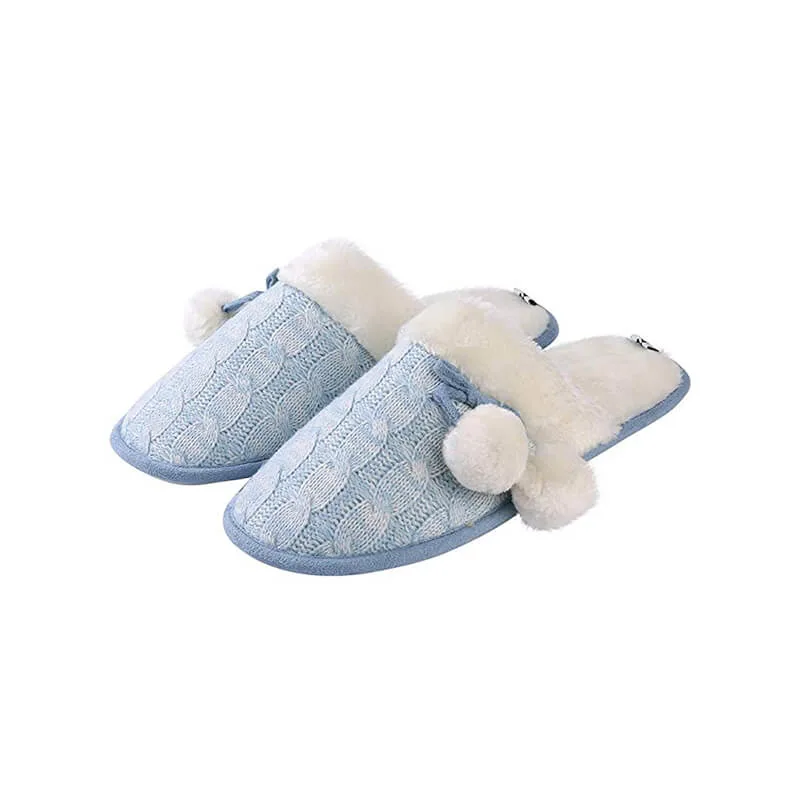 OEM Indoor Faux Fox Fur Plush Flat Ball Knitted Plush Slippers for Women