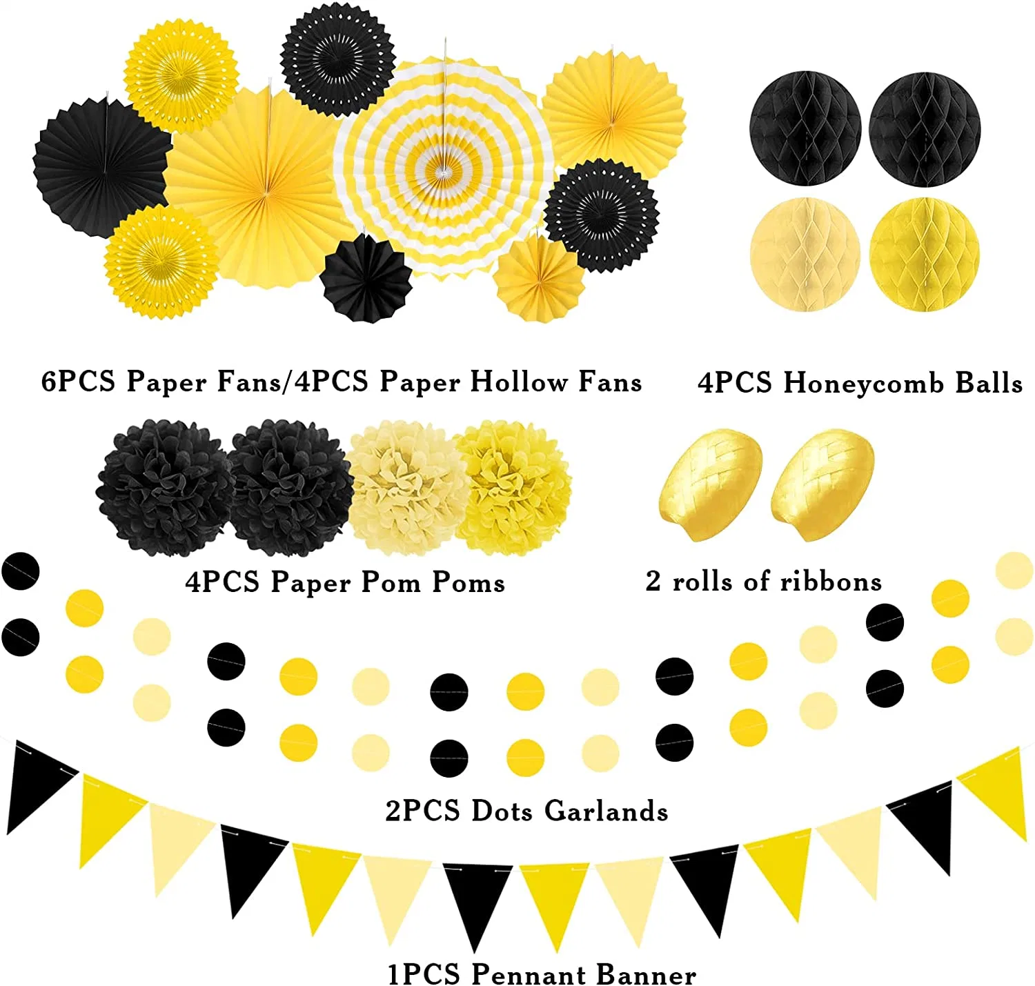 23PCS Paper Fan, Black and Yellow Hanging Paper Fans, Garland String Polka DOT and Triangle Bunting Flag Packs for Boy Birthday, Bridal Shower Party Decorations