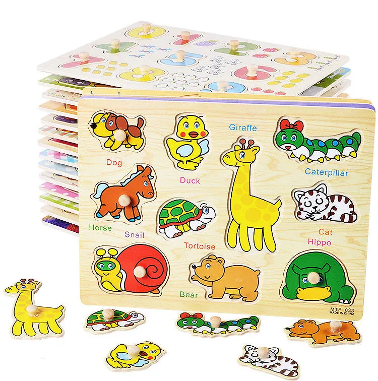 Montessori Boquillas de madera mano tablas de agarre Juguetes Tangram Jigsaw bebé Juguetes educativos Cartoon vehículos animales Frutas 3D Puzzles