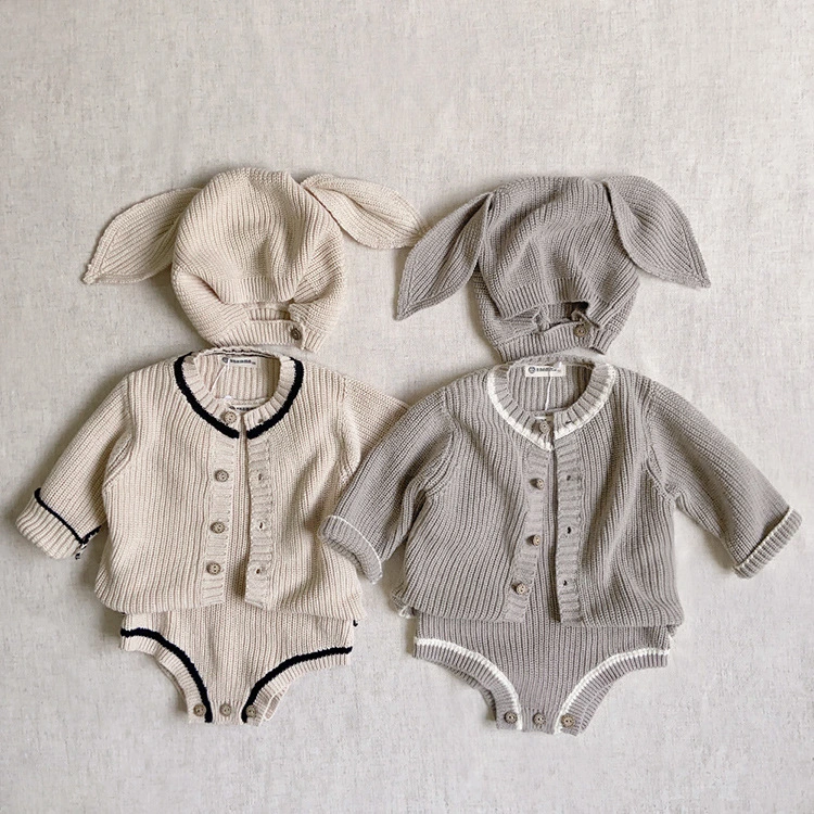 100% Cotton Baby Kids Knitted Coat Suspender Pants 2PCS Clothes Set Bodysuit Set