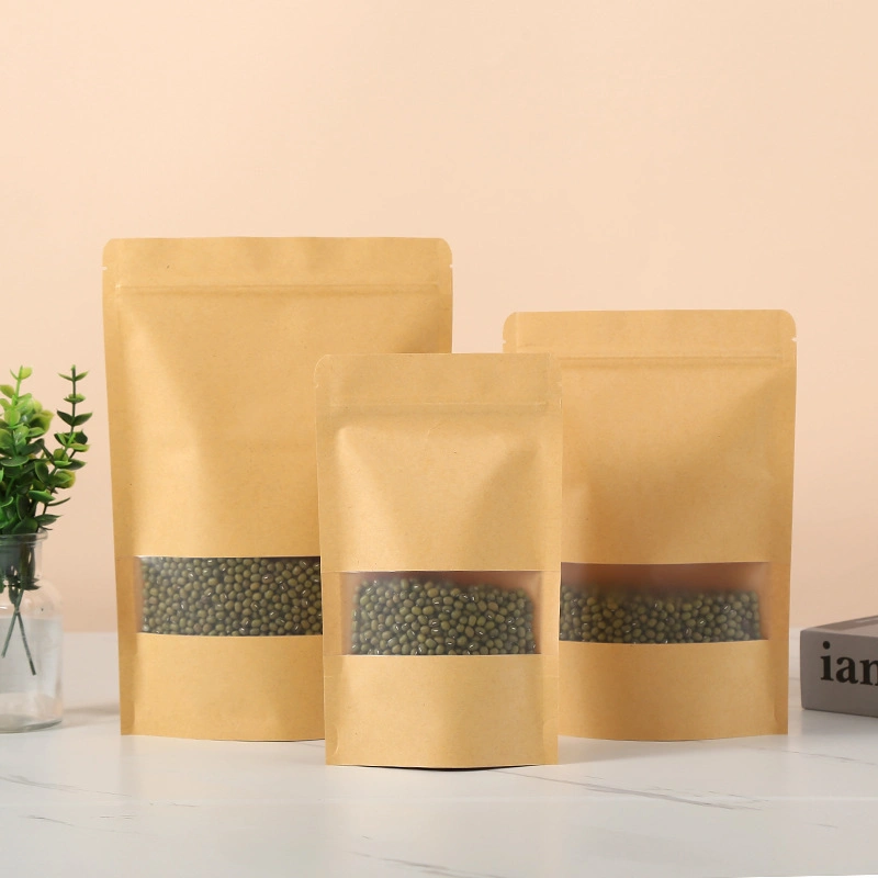 Doypack Ziplock Brown White Kraft Craft Paper Standing up Pouches Food Packaging Zipper Bags with Window