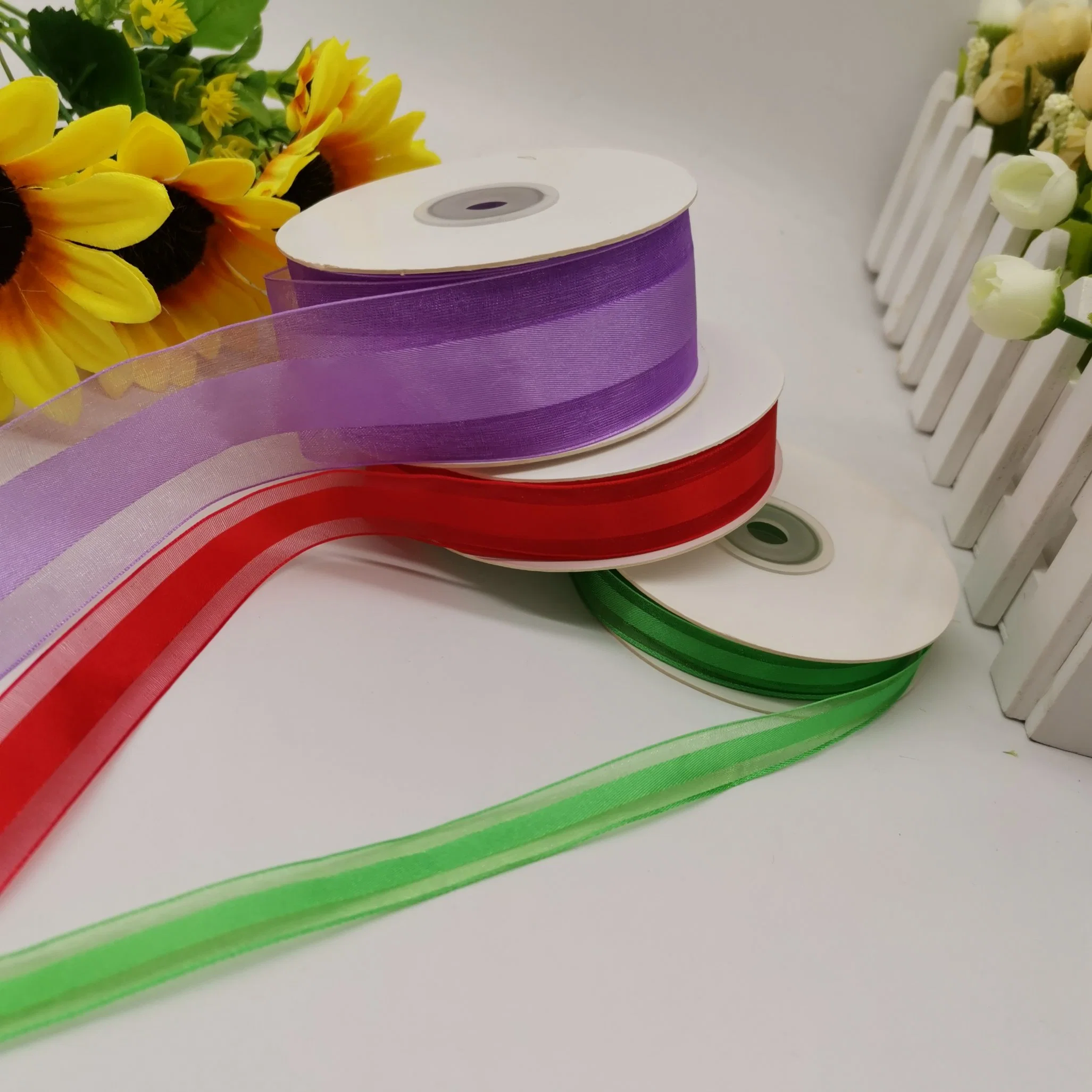 100% Nylon Sheer Ribbon with Satin Center for Christmas/Decoration/Hair Bows/Wedding