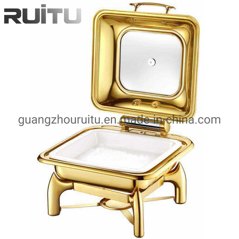 Buffet de comida Warmers 6L platos de catering de acero inoxidable Chef Plato Set Royal Hydraulic Glass Lid platos de rozadura Gold Round rozing Plato buffet para catering