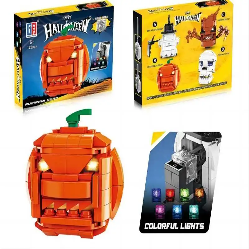 Halloween Pumpkin Head Building Blocks Lights Easter Small Particle Assembling Model Building Blocks Children&prime; S Educational Toys