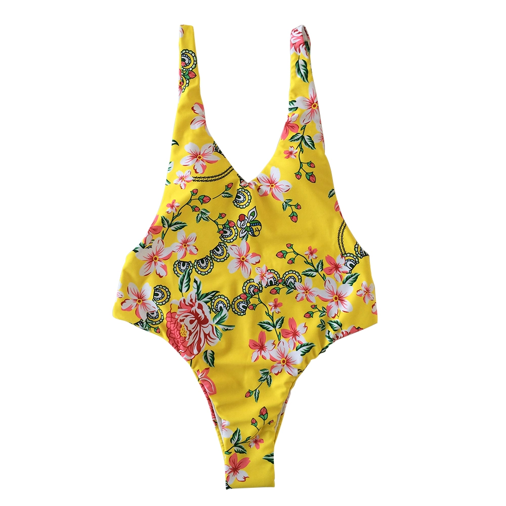 Women Yellow Floral Print One Piece Swimming Suit Boutique Backless Beachwear