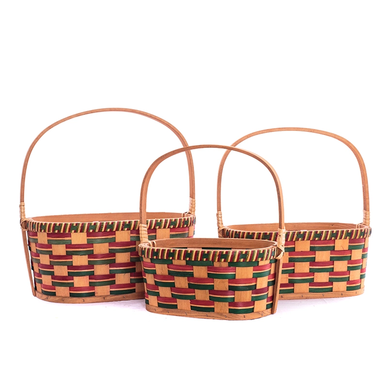 Natural Hand Woven Wood Chip Picnic Basket Wood Flower Fruit Basket S/3