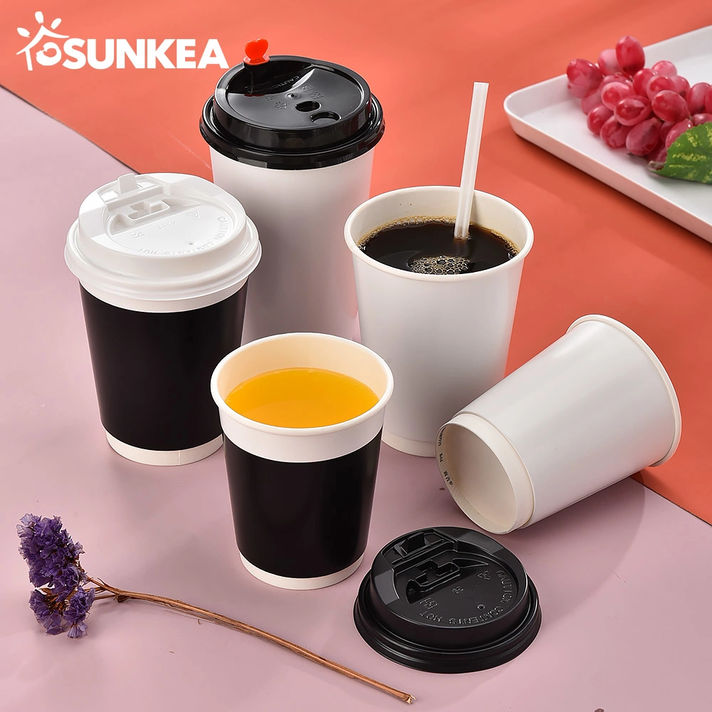 Tazas de papel de café de doble pared con aislamiento blanco y estampado personalizado Takeaway Con tapas