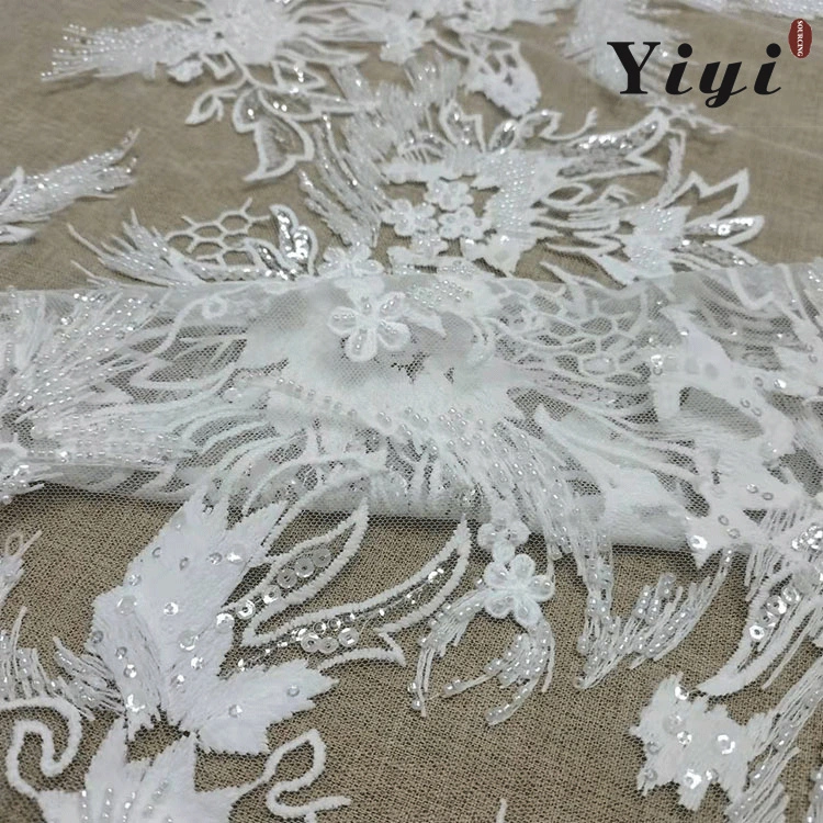 Dyeing Color Customized 3D Beads Shiny Fashion Lace Mesh Embroidery Fabric for Wedding Dress, Evening Gowns