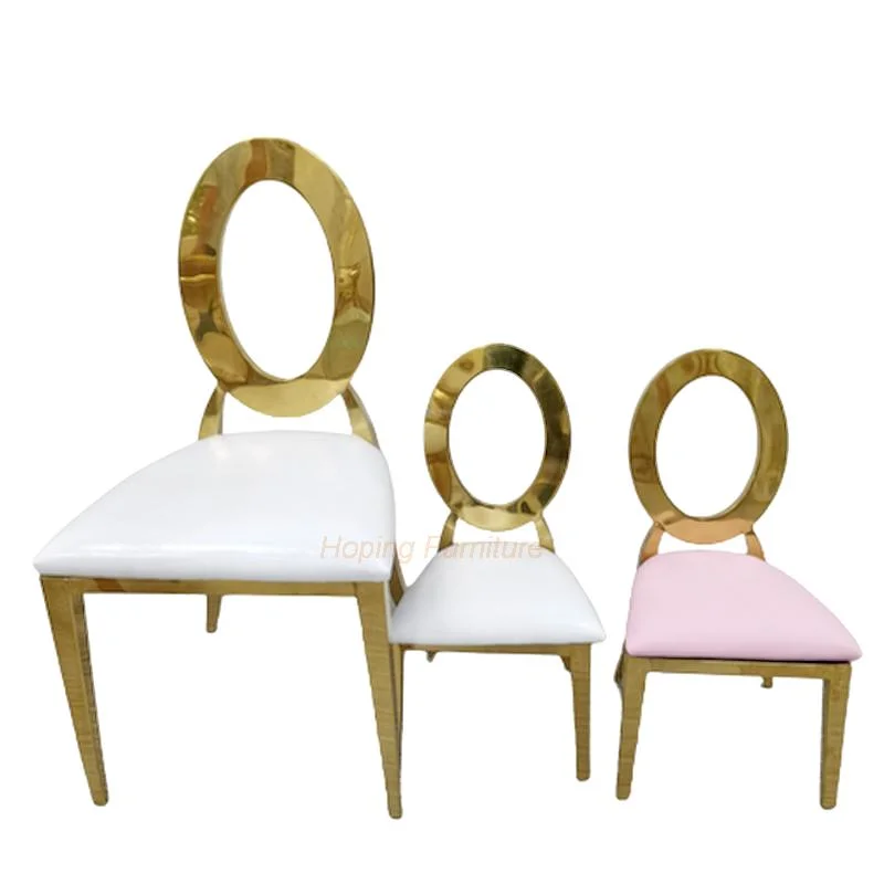 Vente chaude Prix de gros Salon Chaise de loisirs Meubles Hôtel Restaurant Dossier rond avec Creux Chaise en acier inoxydable de haute qualité pour salle à manger de mariage en or.