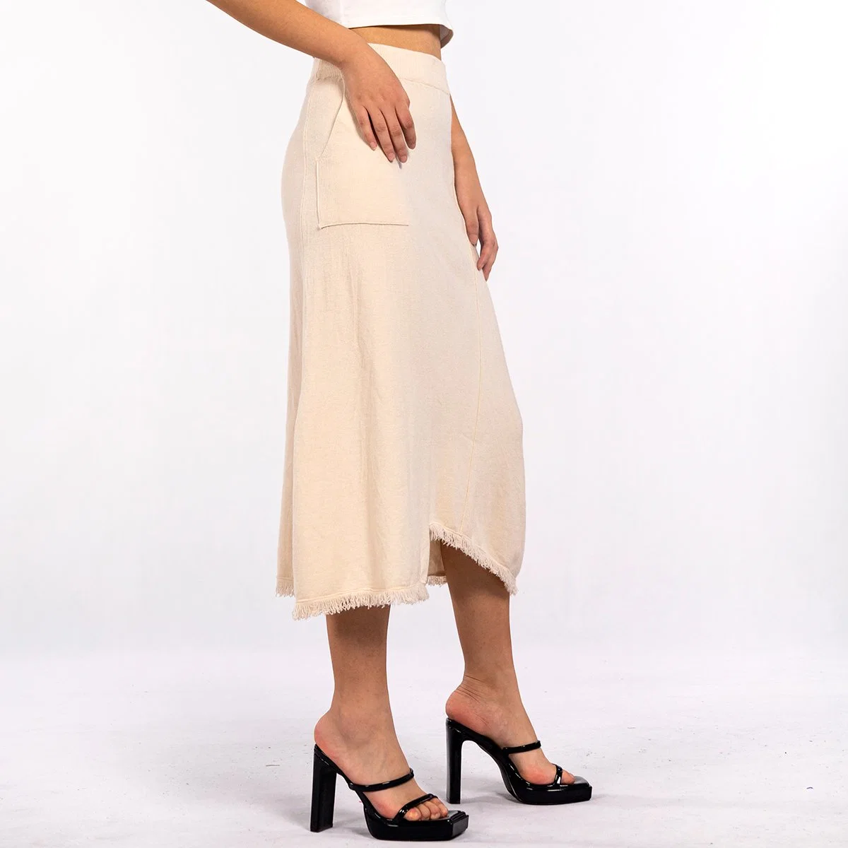 Design Irregular Beveled Edge Raw Edge with Pockets High Waisted Knit MIDI Skirt for Women