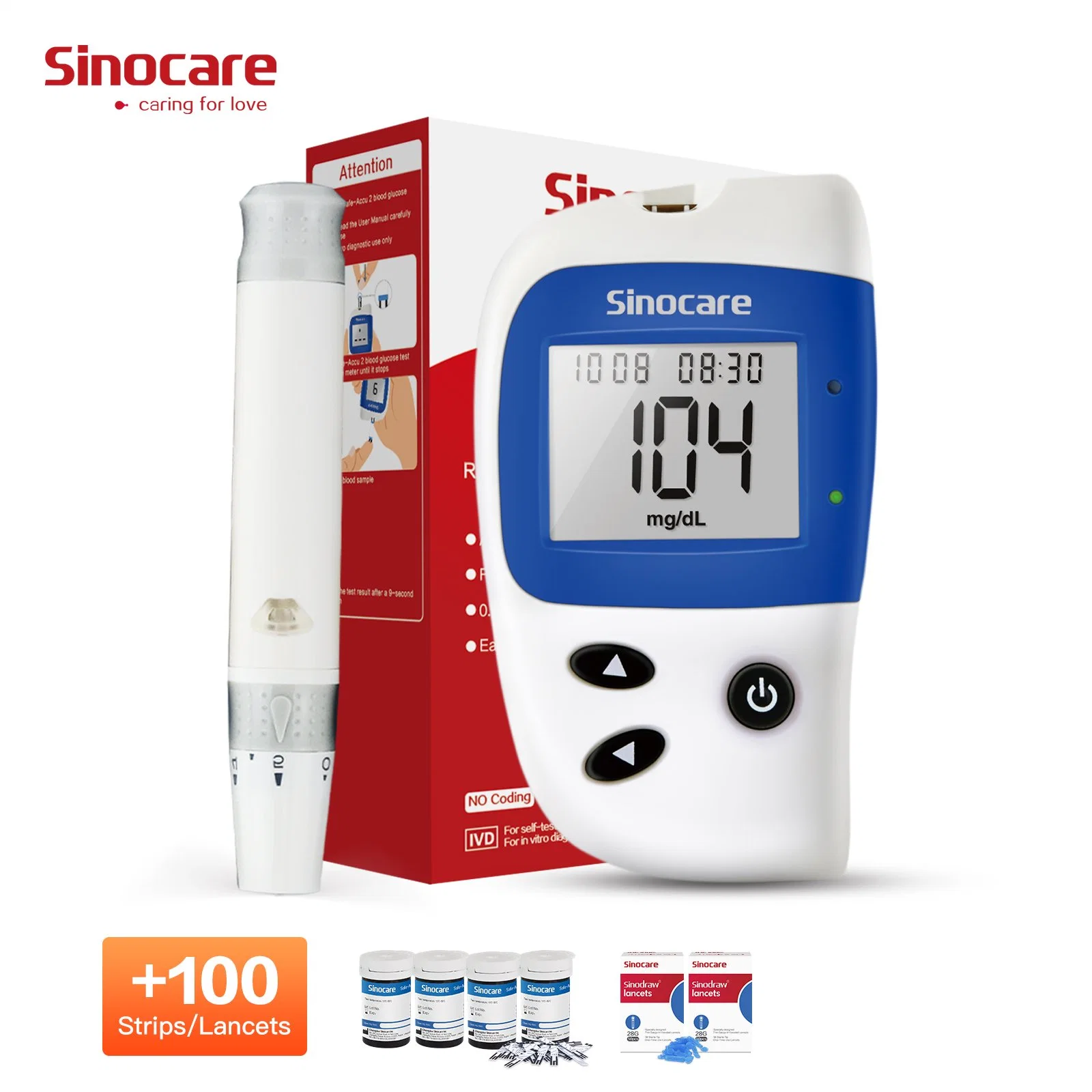 Sinocare Home Care Clinical Blood Test Machine Rapid Quick 5sec 0.5UL Blood Accurate Glucometer with Strip Blood Glucose Meter