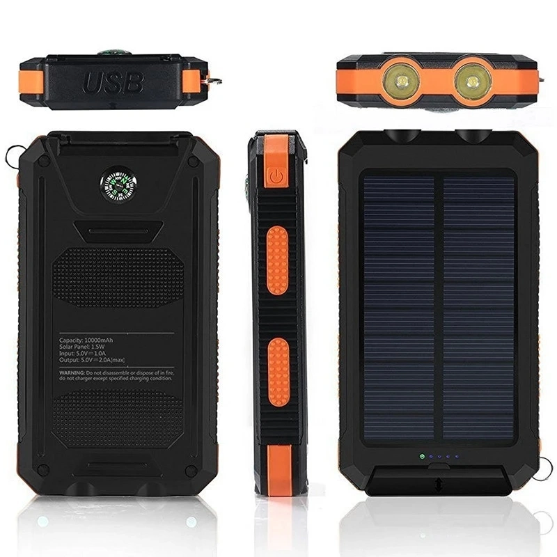 Solar 20000mAh Compass Mountaineering Buckle Solar Panel Charger LED Flashlight