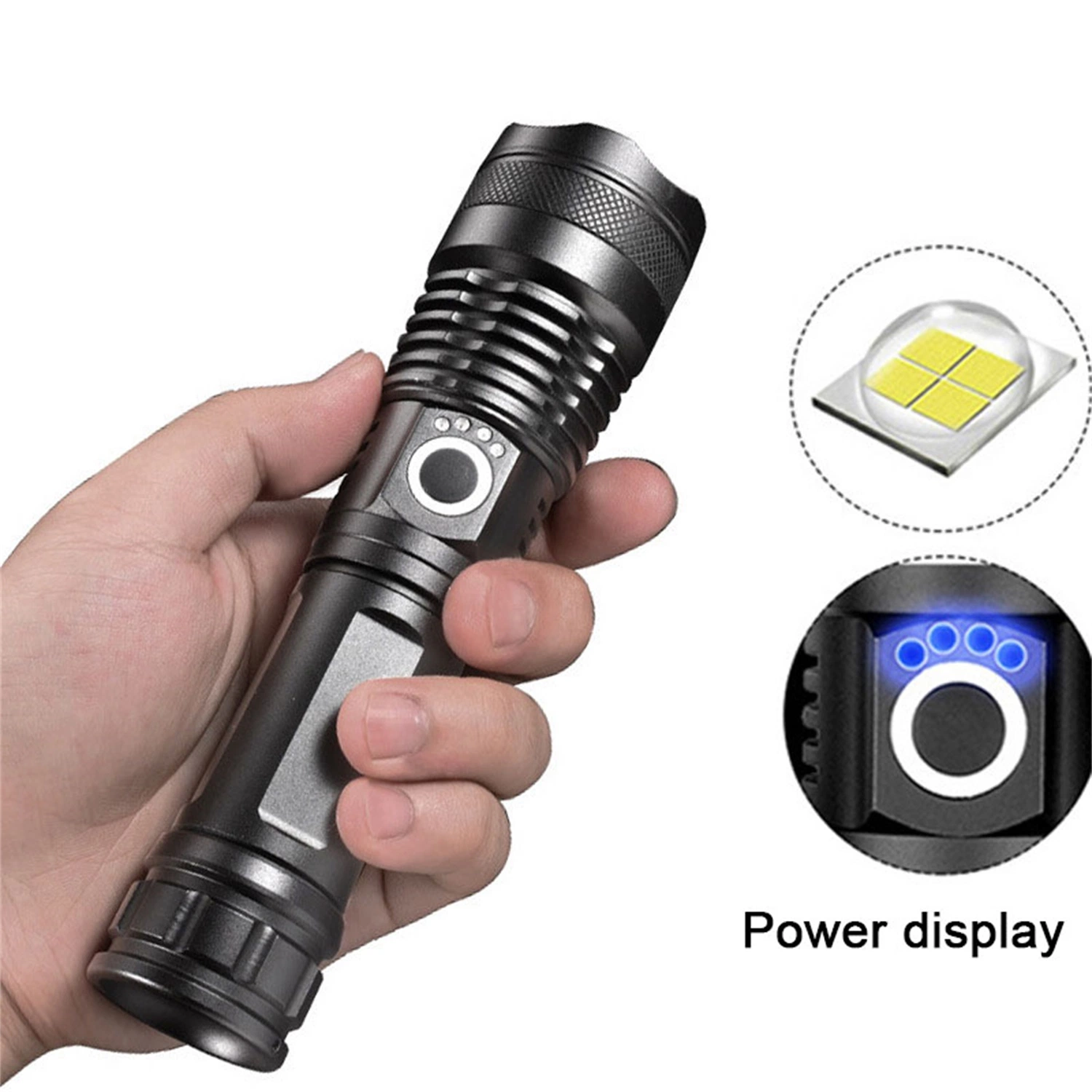 Linterna táctica recargable de 1000 lúmenes resistente al agua Xhp50 Zoomable Super Linterna de exterior brillante con pantalla Power Display