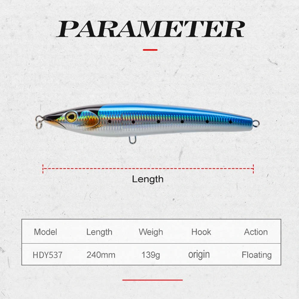 Pêche à la traîne en eau salée Grand crayon Lure flottante 240 mm 139 g Épinoche pour le Gt Tun Kingfish