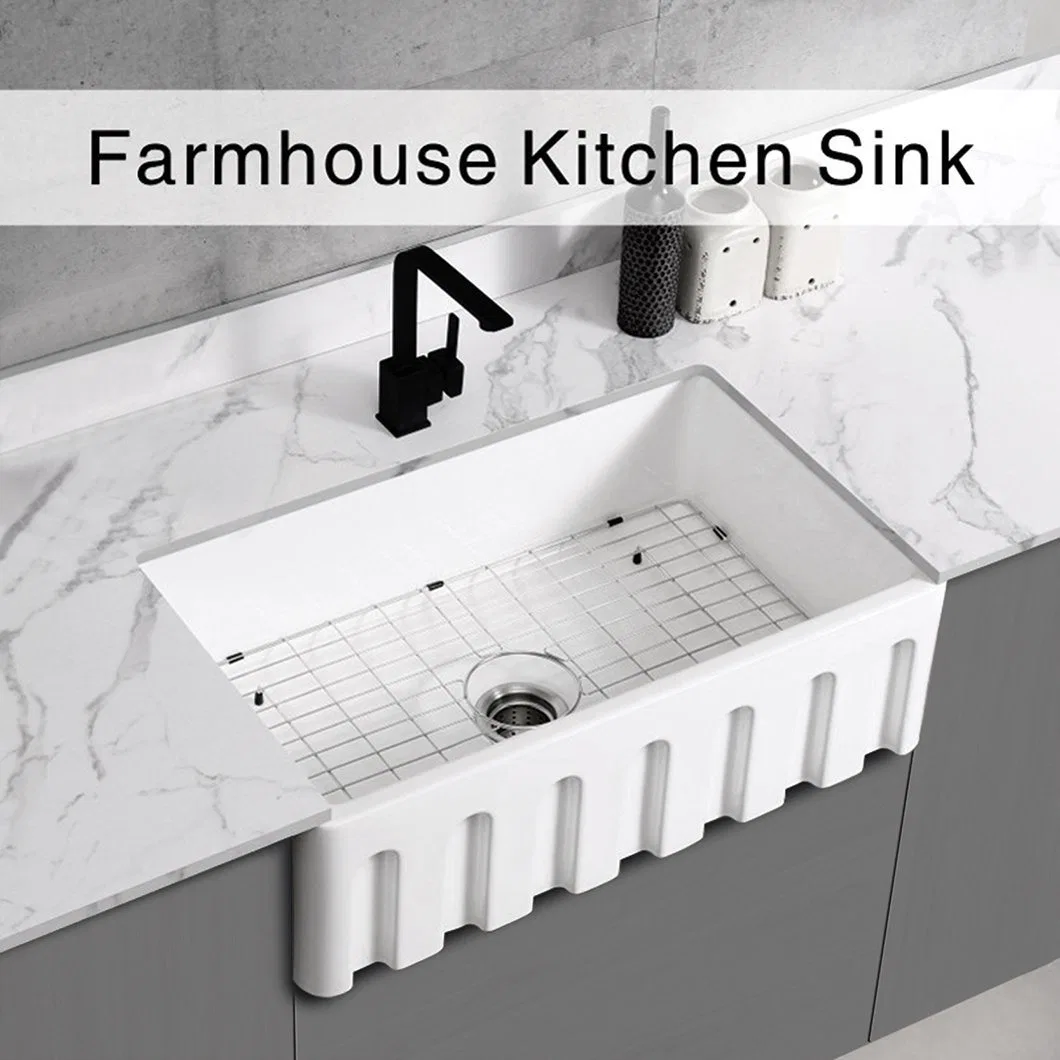 24" Farmhouse White Kitchen Sink Apron Front Fireclay Ceramic Porcelain Deep Single Bowl Reversible Kitchen Sink