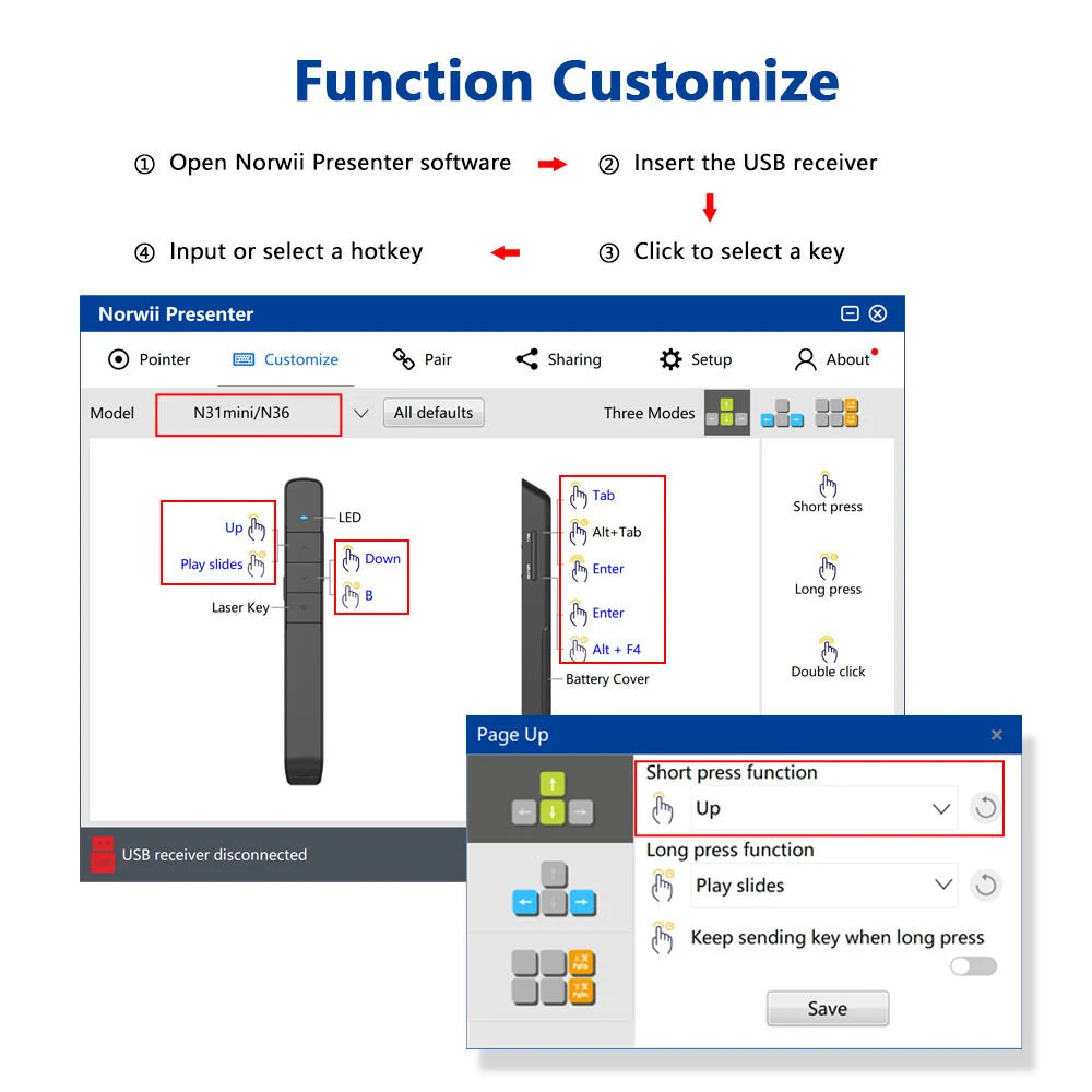 N36 عروض PowerPoint التقديمية مؤشر قلم USB يعمل بالليزر باللون الأحمر