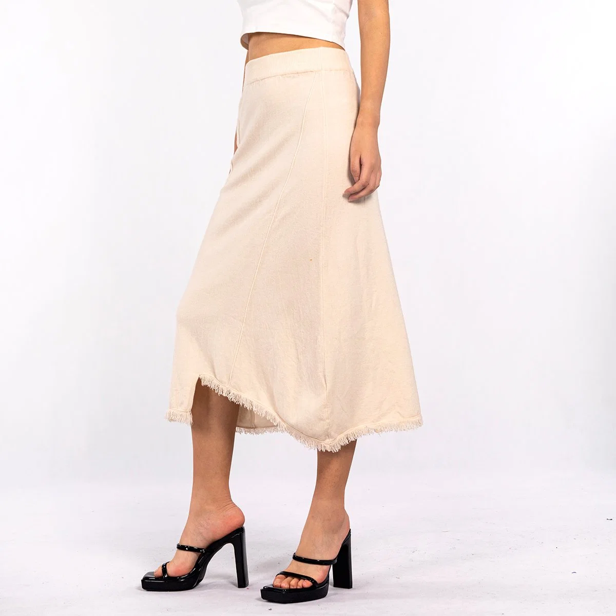 Design Irregular Beveled Edge Raw Edge with Pockets High Waisted Knit MIDI Skirt for Women