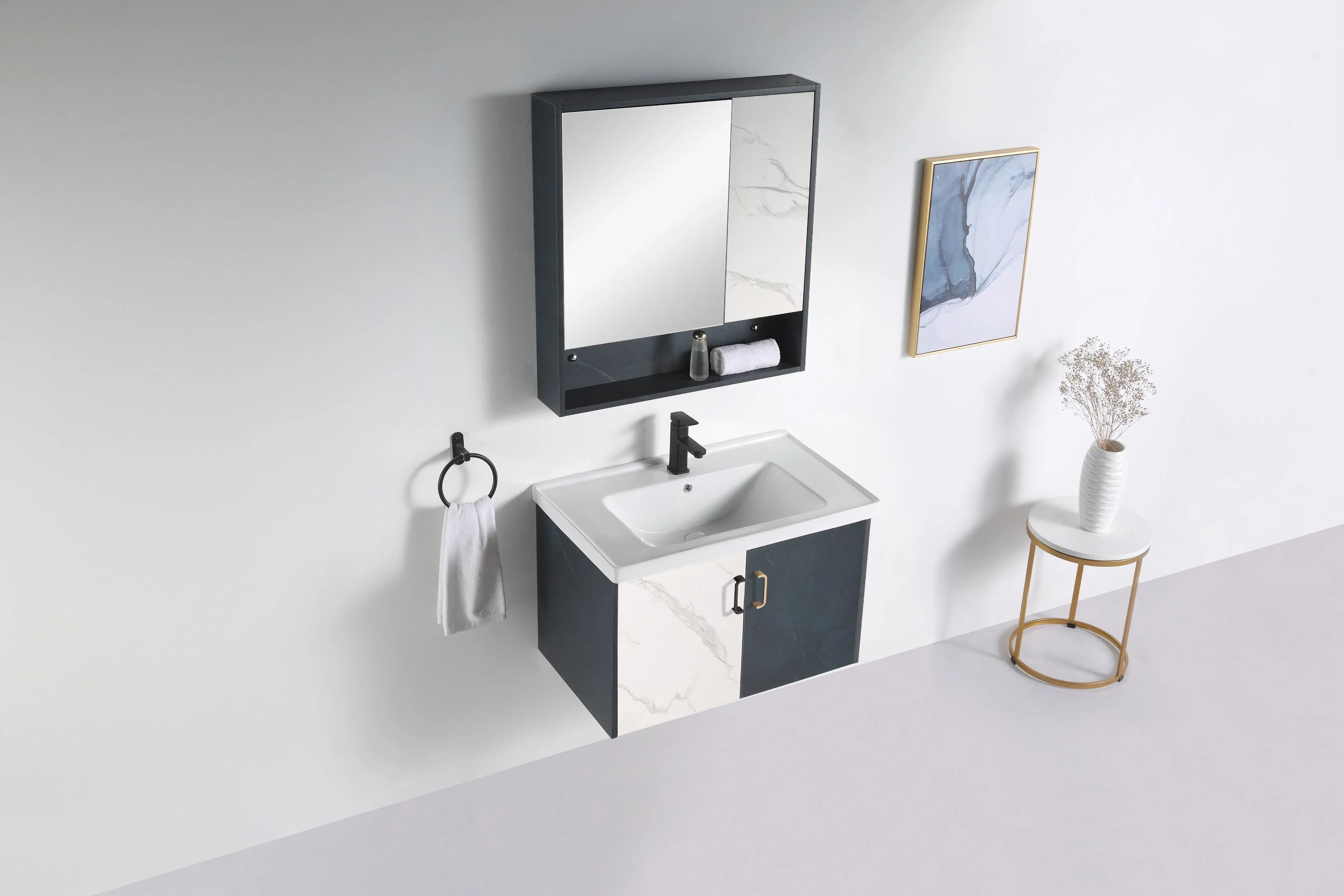 Sanitary Ware Light Luxury Bathroom Cabinet Blue Color Wooden Furniture Vanity Ceramic Basin Sink Equipment