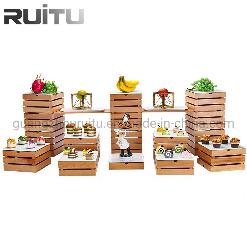 Equipo de catering Buffet parte combinan los niveles de acero inoxidable 3 Capas Cupcake Stand caso Cake Server Elevadores de madera de madera Mostrar Stand Buffet de postres