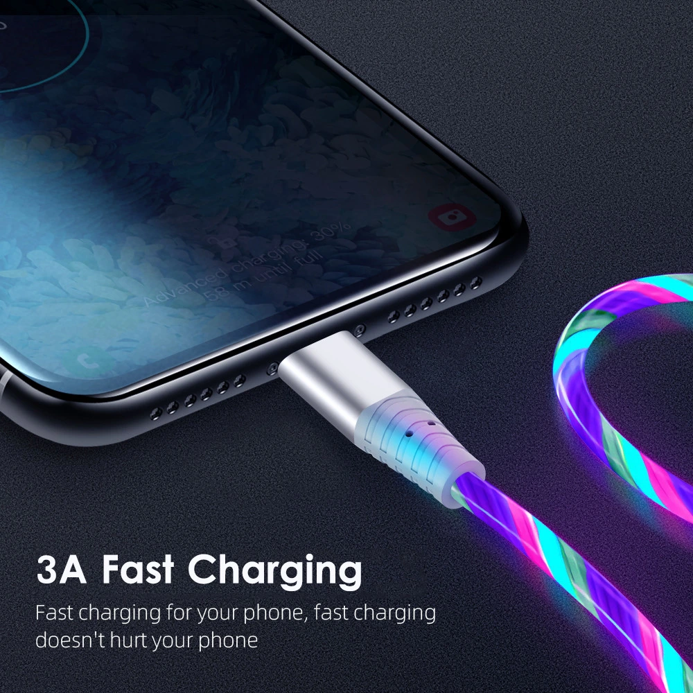 3A Glowing LED Fast Charging Cable USB to Type C Cable for Iphones Mobile Phone