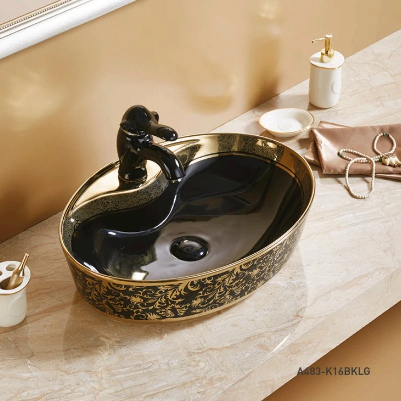 Luxury Sanitary Ware Round Ceramic Blue Gold Bathroom Sink Wash Basin