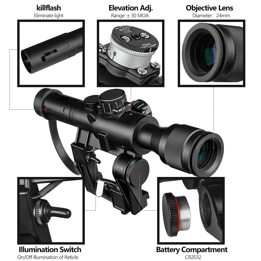 Spina Svd 4X24 Âmbito Riflescope Caça Caça Filmagem Vermelha AK47